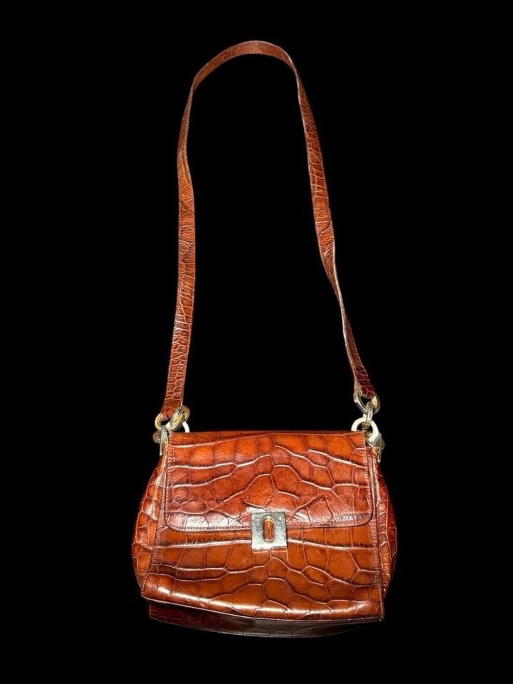 Joan & David Cognac Croc-Embossed Crossbody Bag